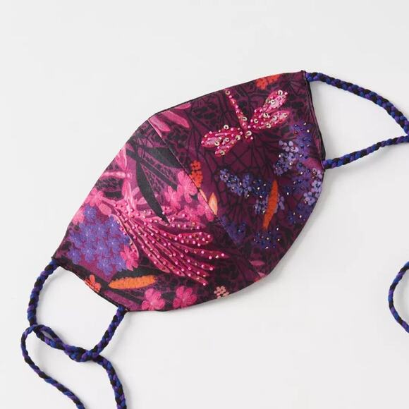 NWT Roopa Pemmaraju Anthropologie Purple Beaded Embellished Tie Back Face Mask - Picture 1 of 12